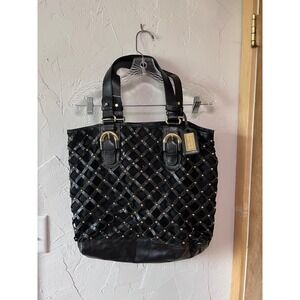 Badgley‎ Mischka Black Leather Woven Studded Tote Bag Gold Hardware
